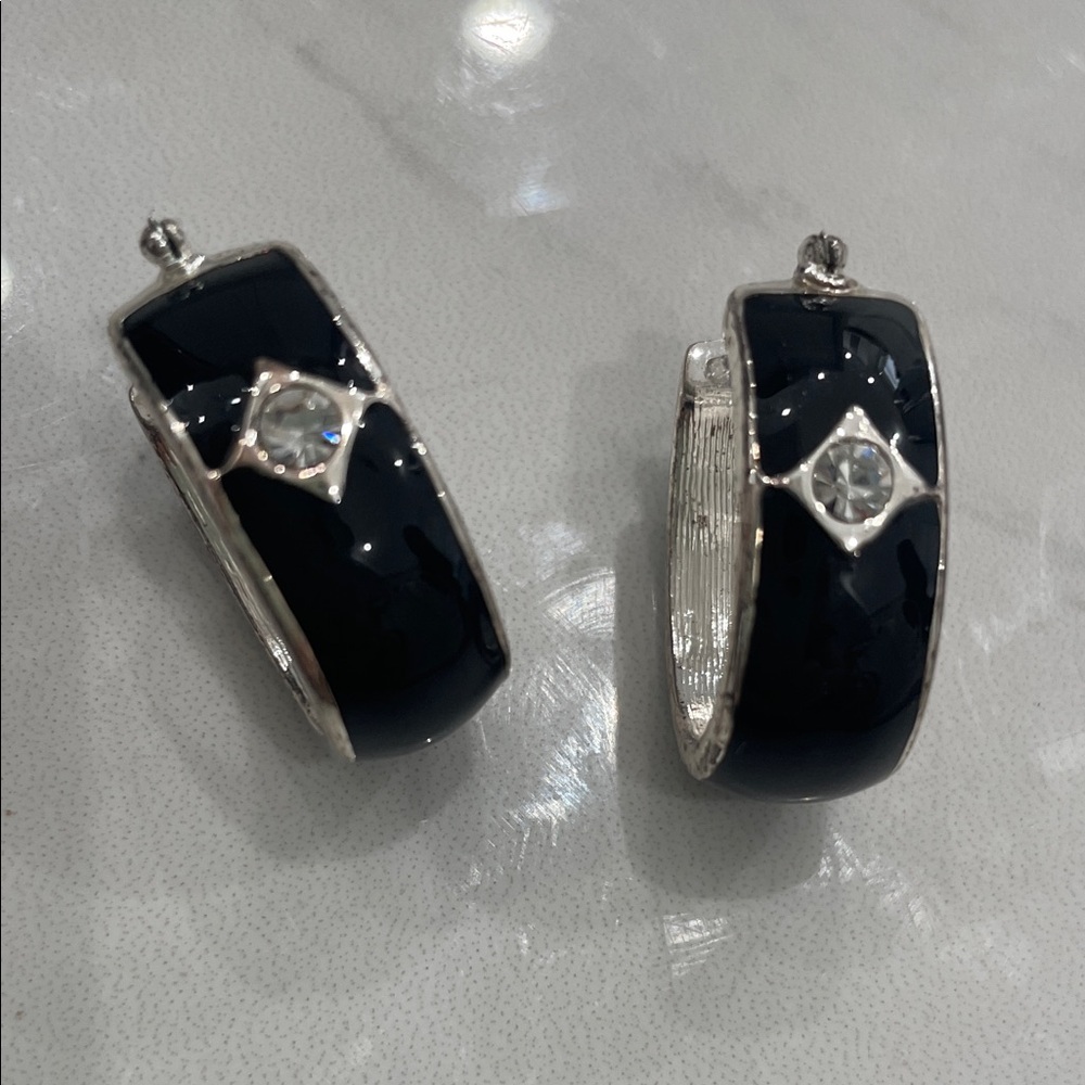 Source Unknown Black Enamel Hoop Earrings with Crystal Accent